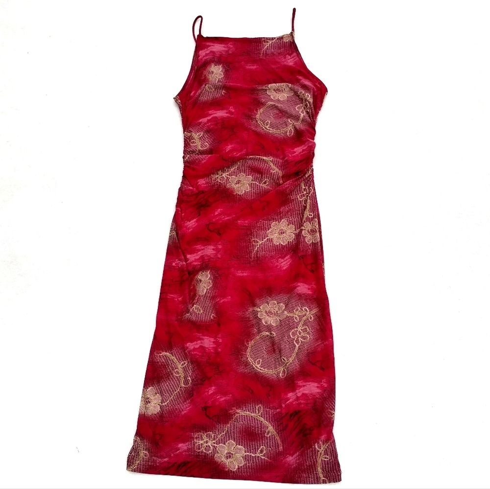 Y2K Breakin Loose Red Bodycon Ruched Sleeveless Dress Size Small Square Neck